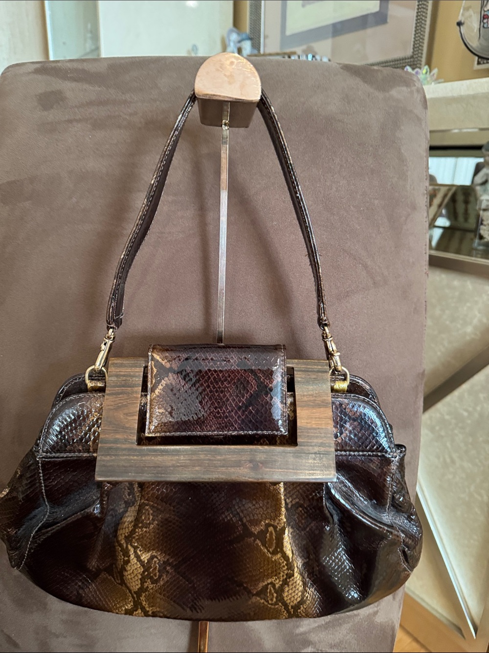 Zina Eva Dark Brown Patent Faux-Snake Shoulder Bag